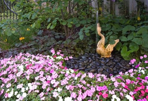 bird fountain on river rocks